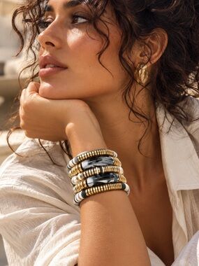 Sculptural Gold Pearl & Marble Beaded Bracelet Stack